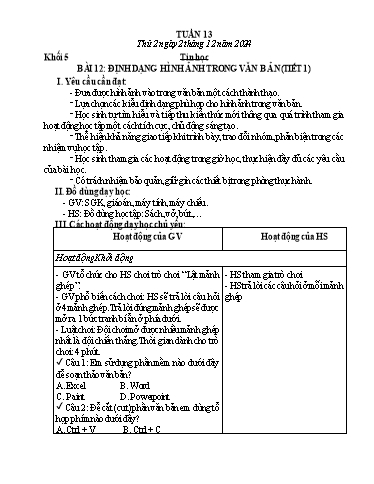 Giáo án Công nghệ + Tin học Lớp 3+4+5 - Tuần 13 - Năm học 2024-2025