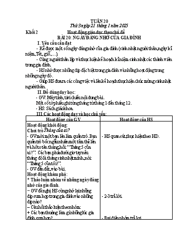 Giáo án Hoạt động trải nghiệm + Tiếng Việt Lớp 1+2 - Tuần 20 - Năm học 2024-2025