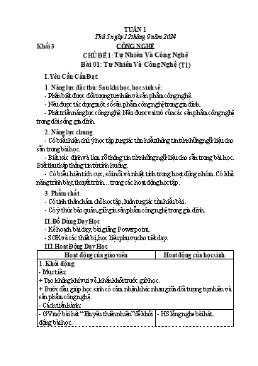 Giáo án Mĩ thuật + Công nghệ + Giáo dục thể chất Lớp 1+2+3 (Kết nối tri thức) - Tuần 1 - Năm học 2024-2025