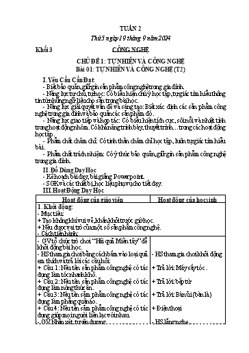 Giáo án Mĩ thuật + Công nghệ + Giáo dục thể chất Lớp 1+2+3 (Kết nối tri thức) - Tuần 2 - Năm học 2024-2025
