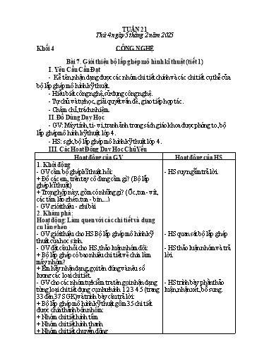 Giáo án Mĩ thuật + Công nghệ + Giáo dục thể chất Tiểu học (Kết nối tri thức) - Tuần 21 - Năm học 2024-2025