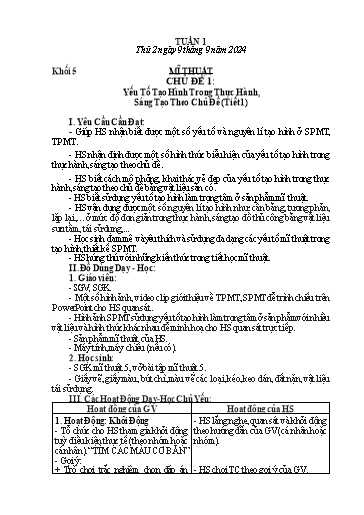 Giáo án Mĩ thuật + Công nghệ + Giáo dục thể chất Tiểu học (Kết nối tri thức) - Tuần 1 - Năm học 2024-2025