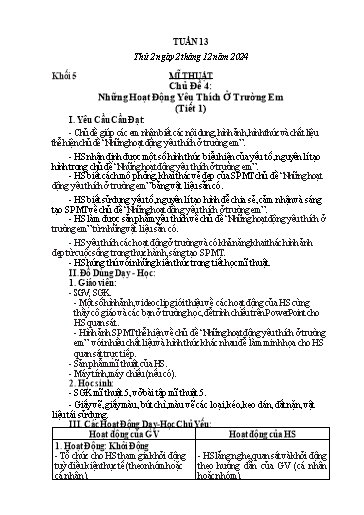 Giáo án Mĩ thuật + Công nghệ + Giáo dục thể chất Tiểu học (Kết nối tri thức) - Tuần 13 - Năm học 2024-2025