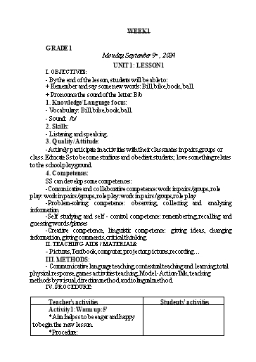 Giáo án Tiếng Anh Lớp 1+3+5 - Tuần 1 - Năm học 2024-2025