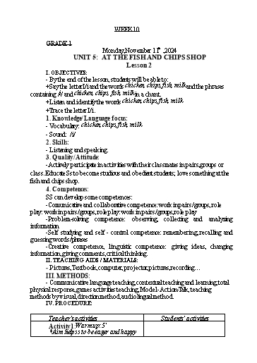 Giáo án Tiếng Anh Lớp 1+3+5 - Tuần 10 - Năm học 2024-2025