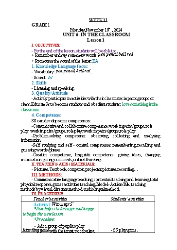 Giáo án Tiếng Anh Lớp 1+3+5 - Tuần 11 - Năm học 2024-2025