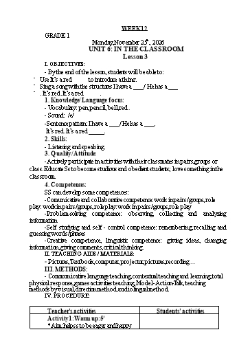 Giáo án Tiếng Anh Lớp 1+3+5 - Tuần 12 - Năm học 2024-2025