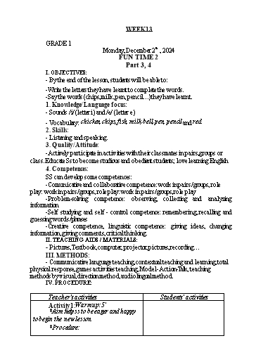 Giáo án Tiếng Anh Lớp 1+3+5 - Tuần 13 - Năm học 2024-2025