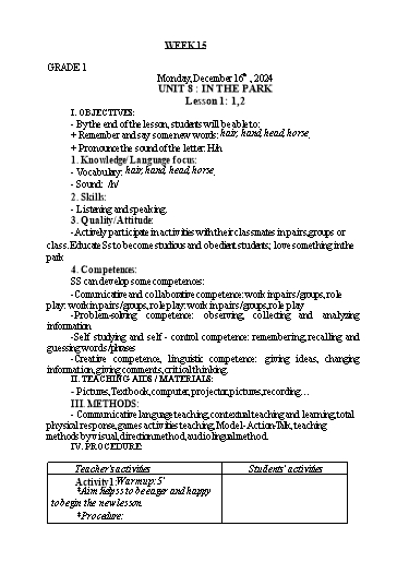 Giáo án Tiếng Anh Lớp 1+3+5 - Tuần 15 - Năm học 2024-2025