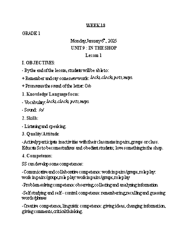 Giáo án Tiếng Anh Lớp 1+3+5 - Tuần 18 - Năm học 2024-2025
