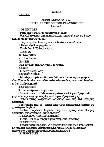 Giáo án Tiếng Anh Lớp 1+3+5 - Tuần 2 - Năm học 2024-2025