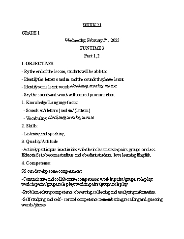Giáo án Tiếng Anh Lớp 1+3+5 - Tuần 21 - Năm học 2024-2025
