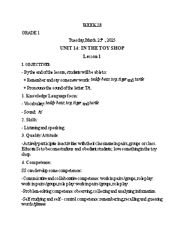 Giáo án Tiếng Anh Lớp 1+3+5 - Tuần 28 - Năm học 2024-2025
