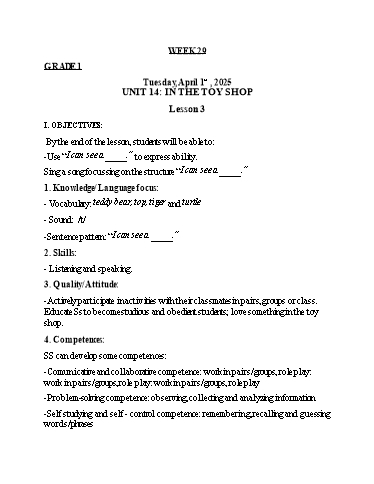 Giáo án Tiếng Anh Lớp 1+3+5 - Tuần 29 - Năm học 2024-2025