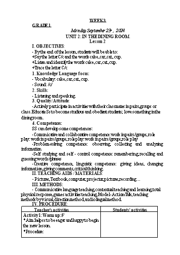 Giáo án Tiếng Anh Lớp 1+3+5 - Tuần 3 - Năm học 2024-2025
