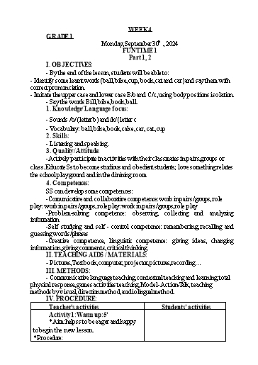 Giáo án Tiếng Anh Lớp 1+3+5 - Tuần 4 - Năm học 2024-2025