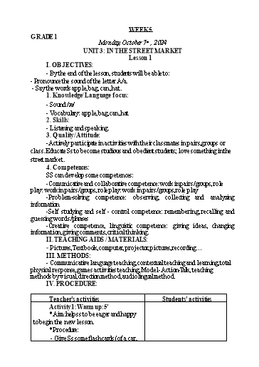 Giáo án Tiếng Anh Lớp 1+3+5 - Tuần 5 - Năm học 2024-2025
