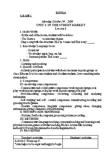 Giáo án Tiếng Anh Lớp 1+3+5 - Tuần 6 - Năm học 2024-2025