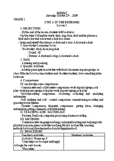 Giáo án Tiếng Anh Lớp 1+3+5 - Tuần 7 - Năm học 2024-2025