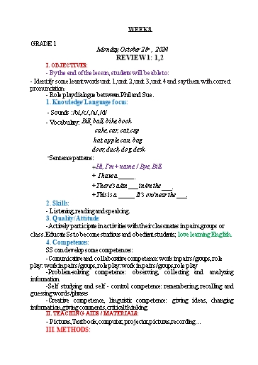 Giáo án Tiếng Anh Lớp 1+3+5 - Tuần 8 - Năm học 2024-2025