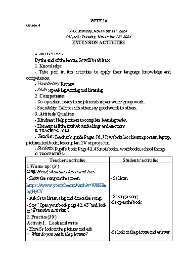 Giáo án Tiếng Anh Lớp 2+4+5 - Tuần 10 - Năm học 2024-2025