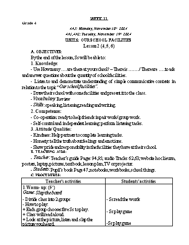 Giáo án Tiếng Anh Lớp 2+4+5 - Tuần 11 - Năm học 2024-2025
