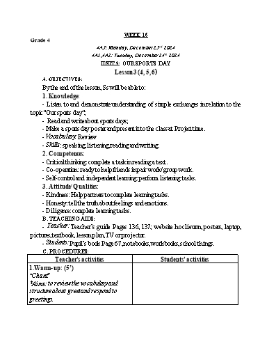 Giáo án Tiếng Anh Lớp 2+4+5 - Tuần 16 - Năm học 2024-2025