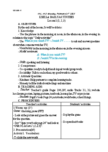 Giáo án Tiếng Anh Lớp 2+4+5 - Tuần 24 - Năm học 2024-2025