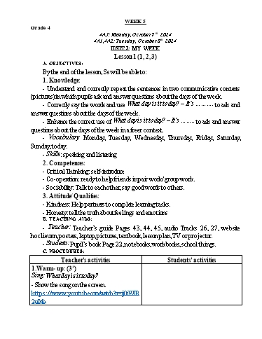 Giáo án Tiếng Anh Lớp 2+4+5 - Tuần 5 - Năm học 2024-2025