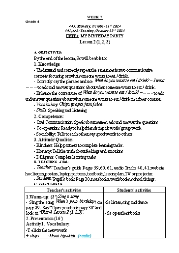 Giáo án Tiếng Anh Lớp 2+4+5 - Tuần 7 - Năm học 2024-2025