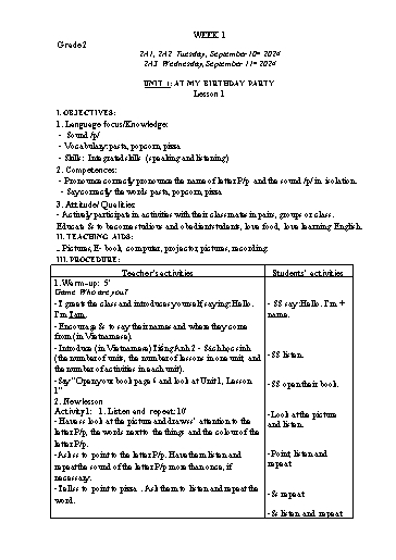 Giáo án Tiếng Anh Tiểu học - Tuần 1 - Năm học 2024-2025