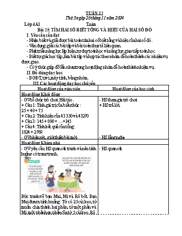 Giáo án Toán + Tự nhiên và Xã hội Lớp 1+3+4 (Kết nối tri thức) - Tuần 12 - Năm học 2024-2025