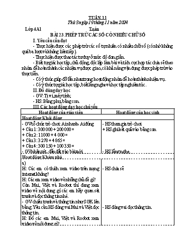 Giáo án Toán + Tự nhiên và Xã hội Lớp 1+3+4 (Kết nối tri thức) - Tuần 11 - Năm học 2024-2025